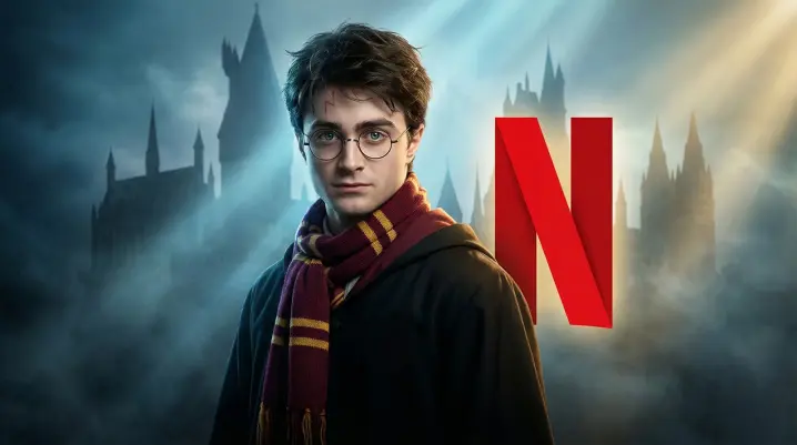 Гарри Поттер на фоне Хогвартса с логотипом Netflix, символизируя переход франшизы Warner Bros к стриминговому гиганту.