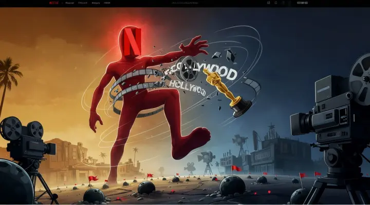 Изображение: логотип Netflix на фоне разрушенной надписи Hollywood, окружённый киноосветительными камерами и противотанковыми минами, символизирующий опасный путь стриминга в старом Голливуде